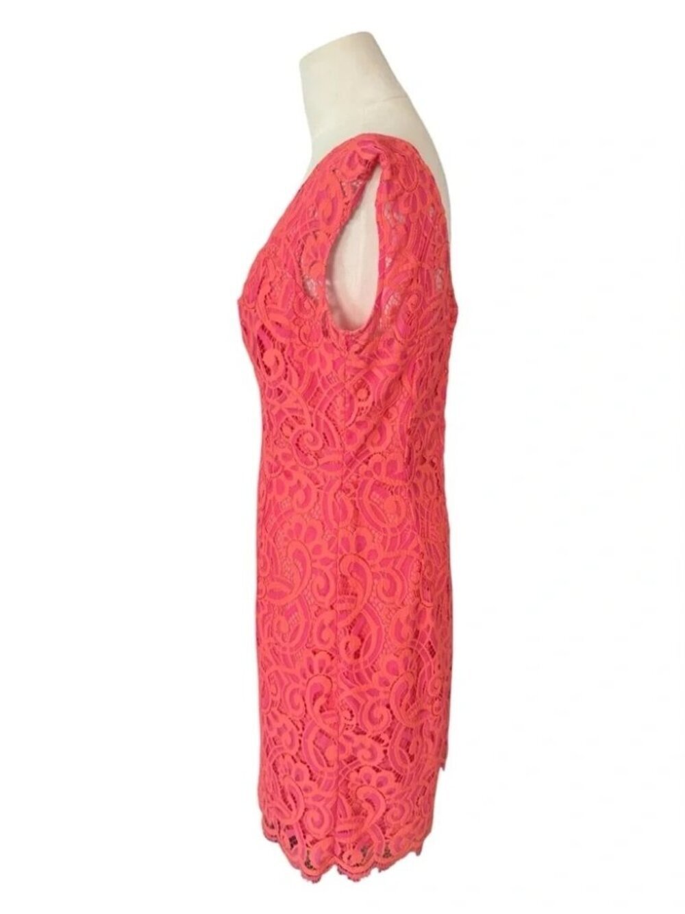 Lilly Pulitzer Rosaline Coral Pink Lace Sheath Dress Cap Sleeve Scalloped Hem - Picture 4 of 8